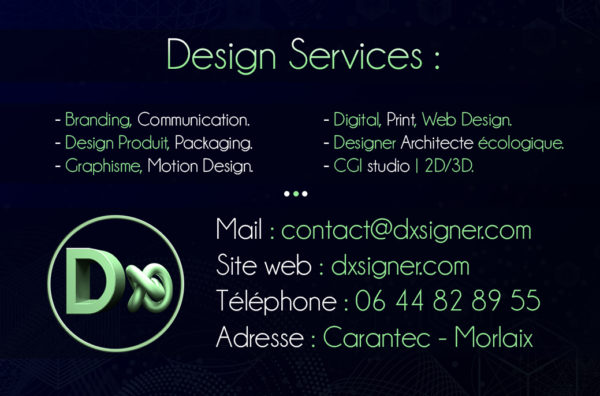 Carte de visite Dxsigner Graphic design en Bretagne Finistère graphiste - Branding - Product design - Motion design - Architecture - écologique