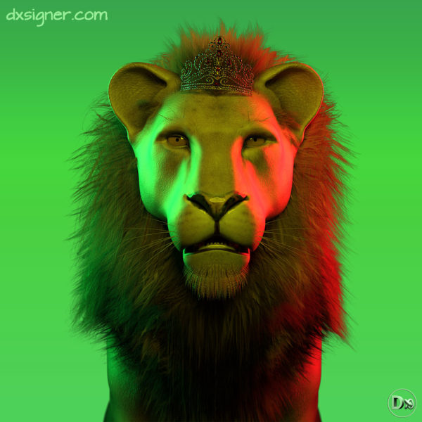 Illustration pour pochette de disque 3D reggae - avec une animal (lion) photoréaliste réalisation et production par Dxsigner-design-character-creator-animate-3D-jeux-vidéo-game-virtual-influencer-mascotte-mode-photorealistic-render-mode-lifestyle-shooting-photo-illustration-lion 3D