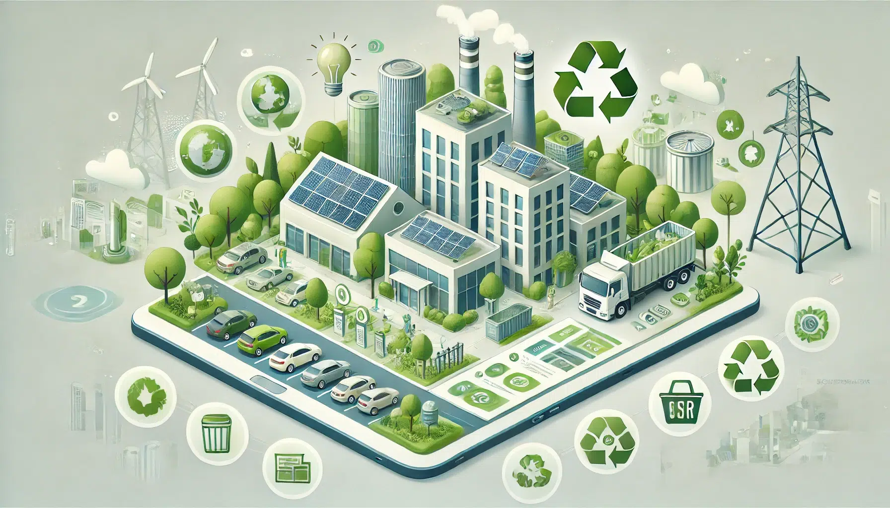 Une-illustration-montrant-les-meilleures-pratiques-pour-intégrer-la-durabilité-dans-les-entreprises-en-accent-sur-une-écologie-heureuse-sur-le-lieu de travail.