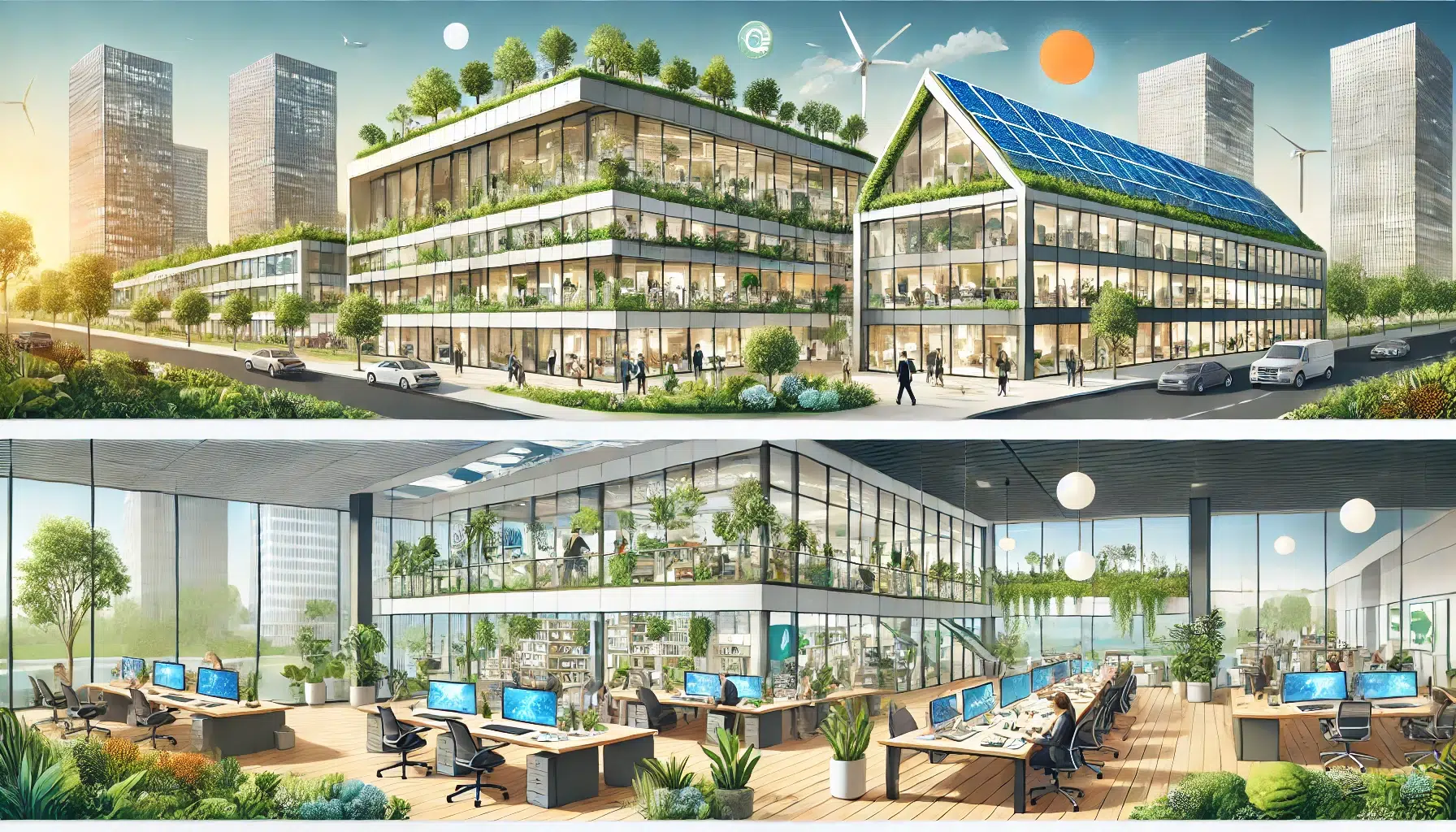 Une-illustration-montrant-les-meilleures-pratiques-pour-intégrer-la-durabilité-dans-les-entreprises-en-accent-sur-une-écologie-heureuse-sur-le-lieu de travail.