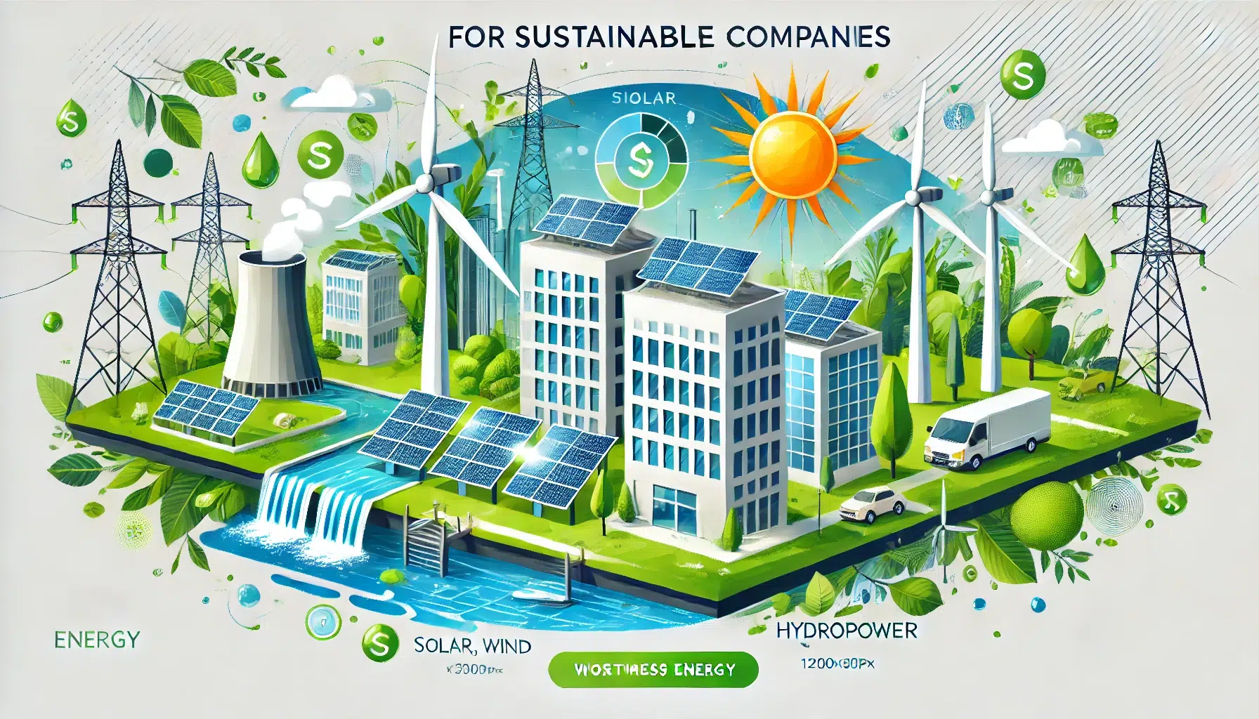 Une-bannière-illustrant-les-avantages-de-l'énergie-verte-pour-les-entreprises-durables-en se concentrant-sur-les-technologies-solaires-éoliennes-et-hydroélectriques