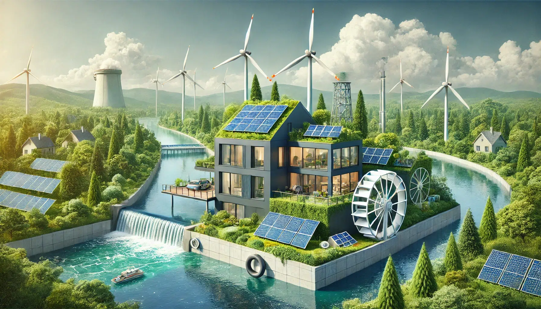 Une image de bannière réaliste illustrant l'autonomie énergétique grâce aux énergies renouvelables. L'image présente un bâtiment moderne alimenté par diverses énergies renouvelables