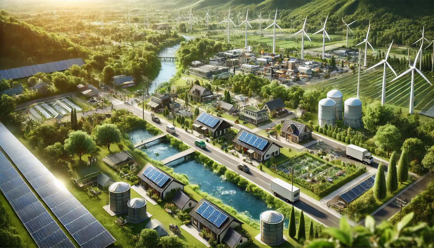 Une image de bannière réaliste illustrant l'impact de l'énergie verte sur les économies locales. L'image montre une petite ville ou une communauté bénéficiant