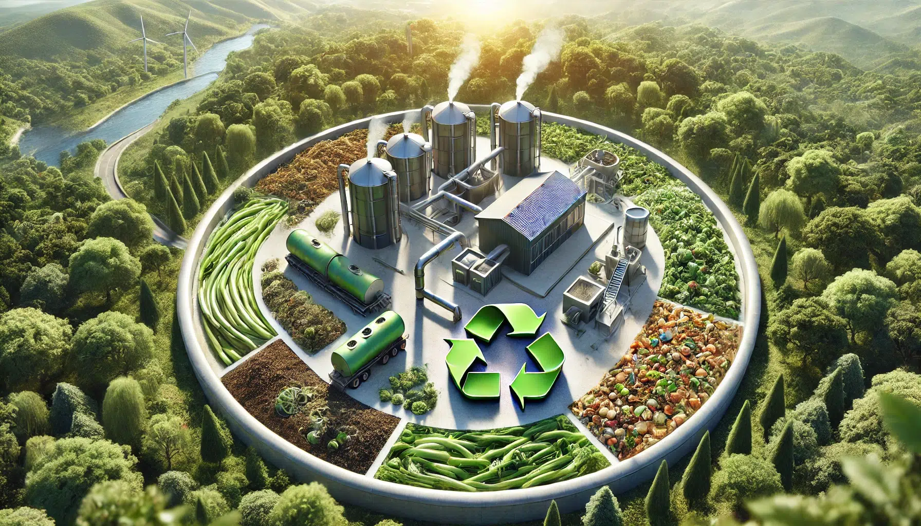 Une image de bannière réaliste illustrant l'économie circulaire appliquée à la gestion des déchets organiques. L'image montre un processus de déchets organiques