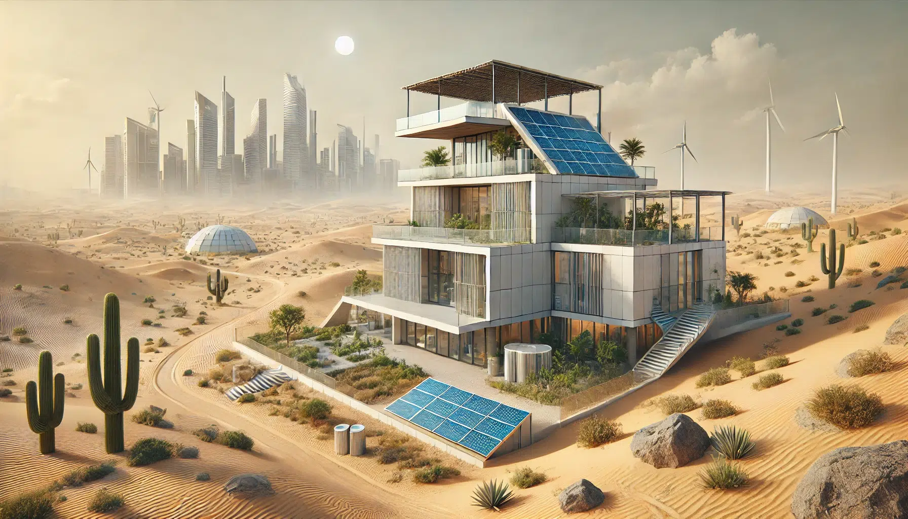 Une image de bannière réaliste illustrant les innovations en matière d'architecture durable adaptée aux zones arides. L'image présente un style moderne et éco-fr