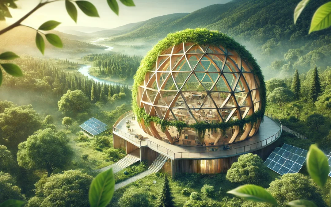 Une image de bannière réaliste illustrant une architecture régénérative respectueuse de l'environnement inspirée du projet Dxsigner.