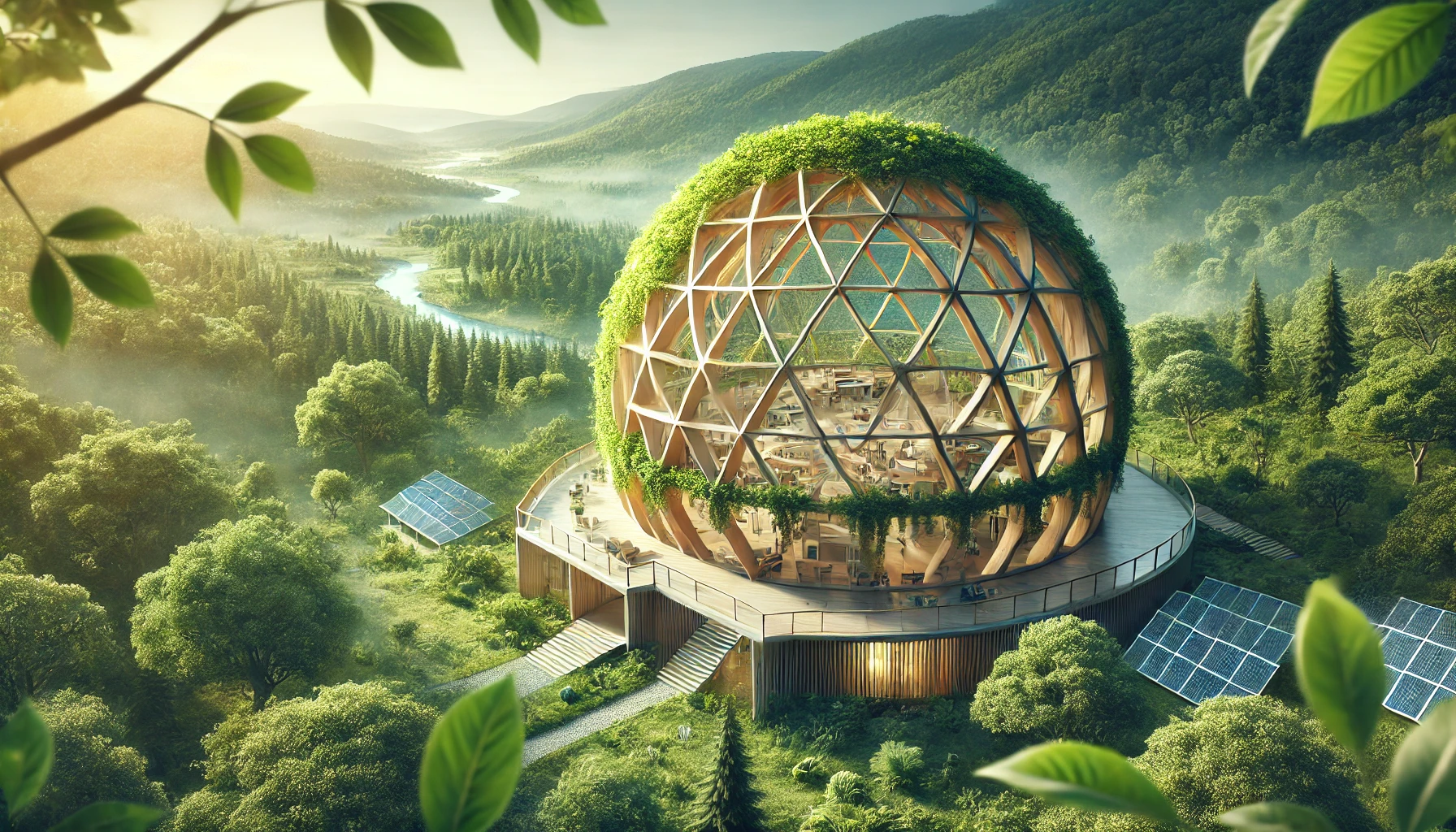 Une image de bannière réaliste illustrant une architecture régénérative respectueuse de l'environnement inspirée du projet Dxsigner.