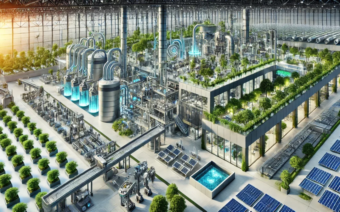 Installation industrielle moderne transformée par des solutions biomimétiques, avec des processus respectueux de l'environnement intégrés dans les initiatives RSE. L'usine utilise des énergies renouvelables et des éléments naturels comme des jardins verticaux pour illustrer l'harmonie entre innovation industrielle et durabilité.