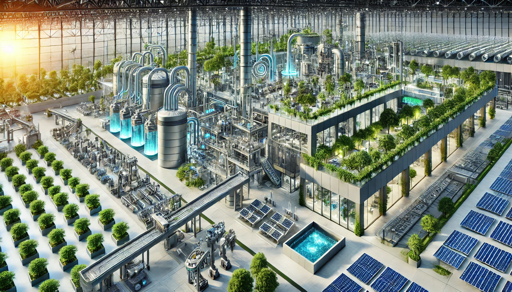 Installation industrielle moderne transformée par des solutions biomimétiques, avec des processus respectueux de l'environnement intégrés dans les initiatives RSE. L'usine utilise des énergies renouvelables et des éléments naturels comme des jardins verticaux pour illustrer l'harmonie entre innovation industrielle et durabilité.