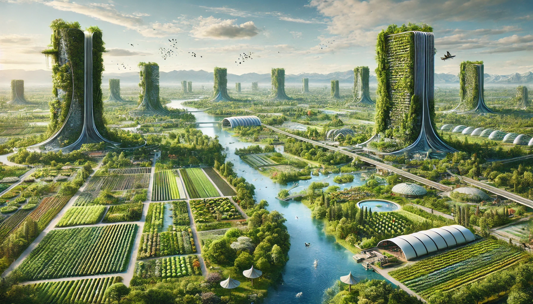 Monde futuriste avec une abondance de nature, des espaces de culture et de régénération des écosystèmes. Des bâtiments futuristes recouverts de plantes et de jardins verticaux s'intègrent harmonieusement dans l'environnement naturel