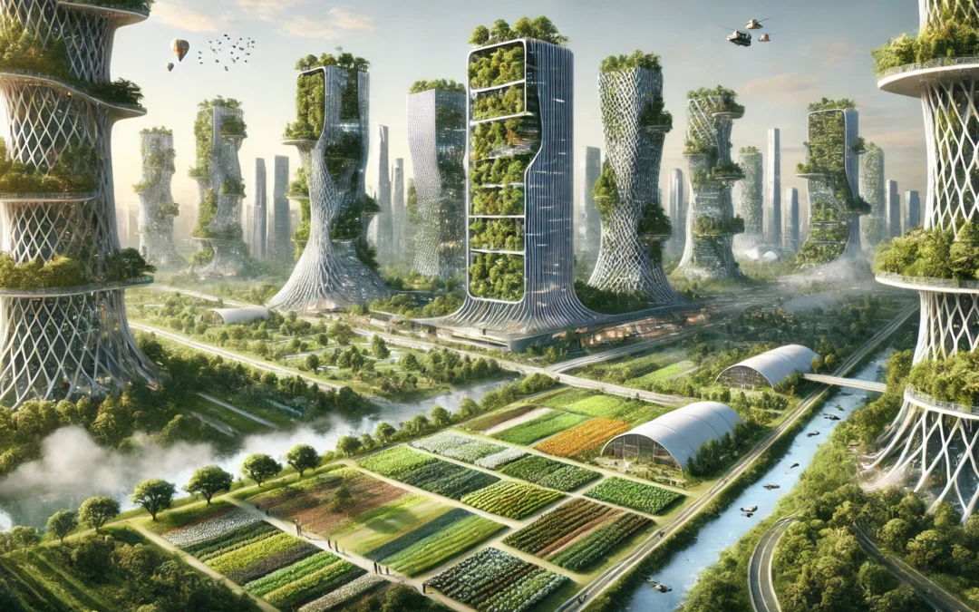 Ville futuriste avec des espaces verts abondants et des zones de cultures pour la régénération des écosystèmes. Des bâtiments imposants avec des jardins verticaux s'intègrent harmonieusement dans l'environnement naturel