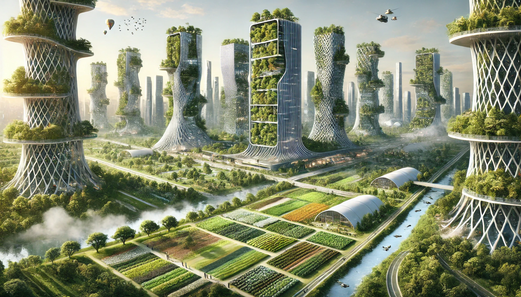 Ville futuriste avec des espaces verts abondants et des zones de cultures pour la régénération des écosystèmes. Des bâtiments imposants avec des jardins verticaux s'intègrent harmonieusement dans l'environnement naturel