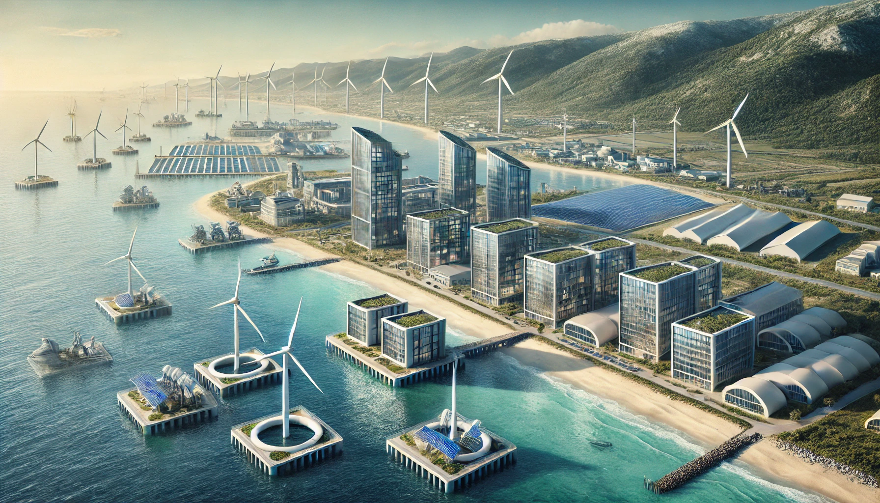 Scène côtière avec des entreprises utilisant des énergies marines renouvelables, incluant des éoliennes offshore, des turbines d'énergie marémotrice et des panneaux solaires, pour assurer leur autonomie énergétique.
