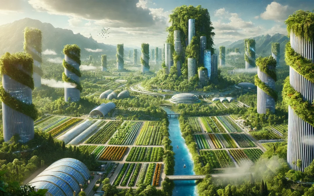 Monde futuriste avec une nature abondante, des espaces verts et des zones de cultures dédiées à la régénération des écosystèmes. Des bâtiments imposants recouverts de plantes et de jardins verticaux se mélangent harmonieusement à la nature environnante avec des rivières et des champs