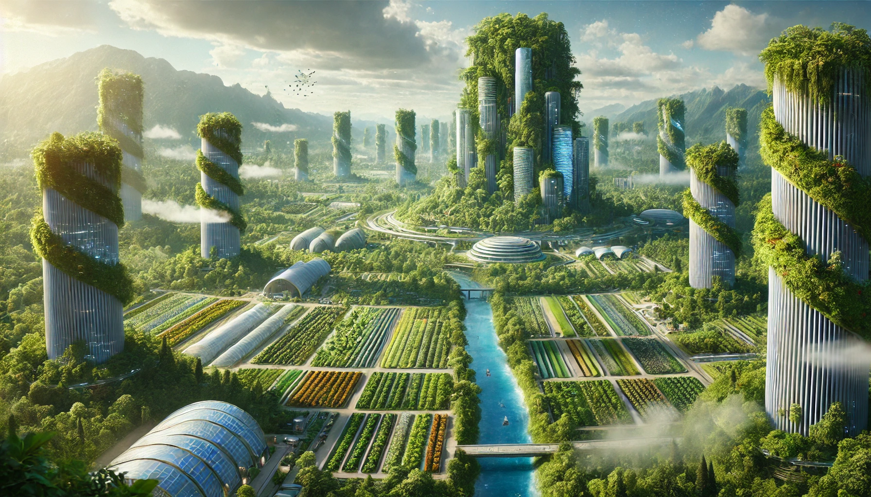 Monde futuriste avec une nature abondante, des espaces verts et des zones de cultures dédiées à la régénération des écosystèmes. Des bâtiments imposants recouverts de plantes et de jardins verticaux se mélangent harmonieusement à la nature environnante avec des rivières et des champs
