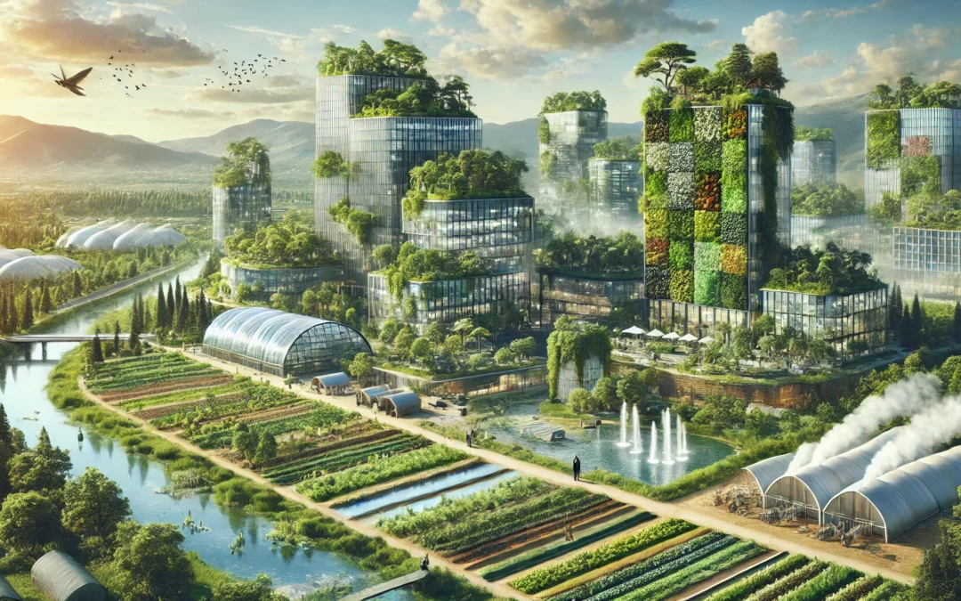 Monde futuriste où les entreprises sont pleinement intégrées dans la nature et participent activement à la régénération des écosystèmes. Les bâtiments d'entreprises sont recouverts de plantes et de jardins verticaux, entourés de vastes espaces verts, de rivières et de champs.