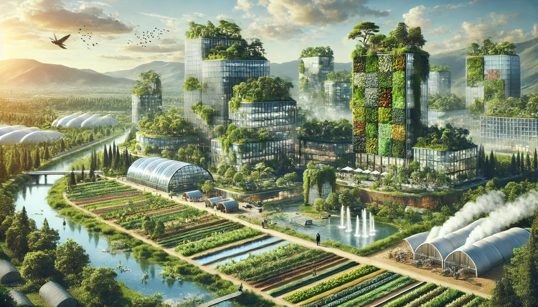 Monde futuriste où les entreprises sont pleinement intégrées dans la nature et participent activement à la régénération des écosystèmes. Les bâtiments d'entreprises sont recouverts de plantes et de jardins verticaux, entourés de vastes espaces verts, de rivières et de champs.