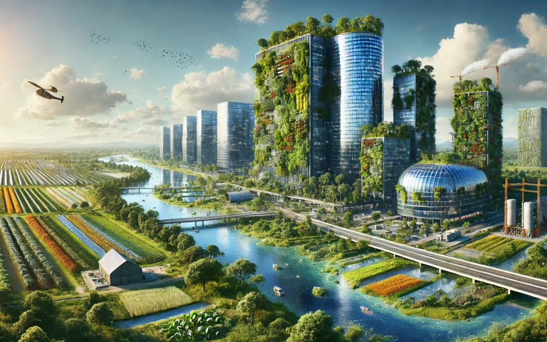 Monde futuriste où les entreprises sont intégrées dans la nature avec des bâtiments couverts de plantes et de jardins verticaux, entourés d'espaces verts, de rivières et de champs dédiés à la régénération des écosystèmes. L'image reflète un équilibre parfait entre l'industrie et la nature.