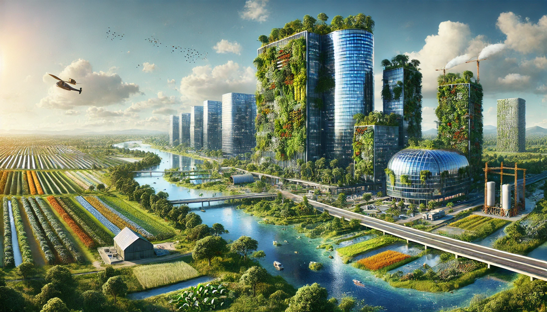 Monde futuriste où les entreprises sont intégrées dans la nature avec des bâtiments couverts de plantes et de jardins verticaux, entourés d'espaces verts, de rivières et de champs dédiés à la régénération des écosystèmes. L'image reflète un équilibre parfait entre l'industrie et la nature.