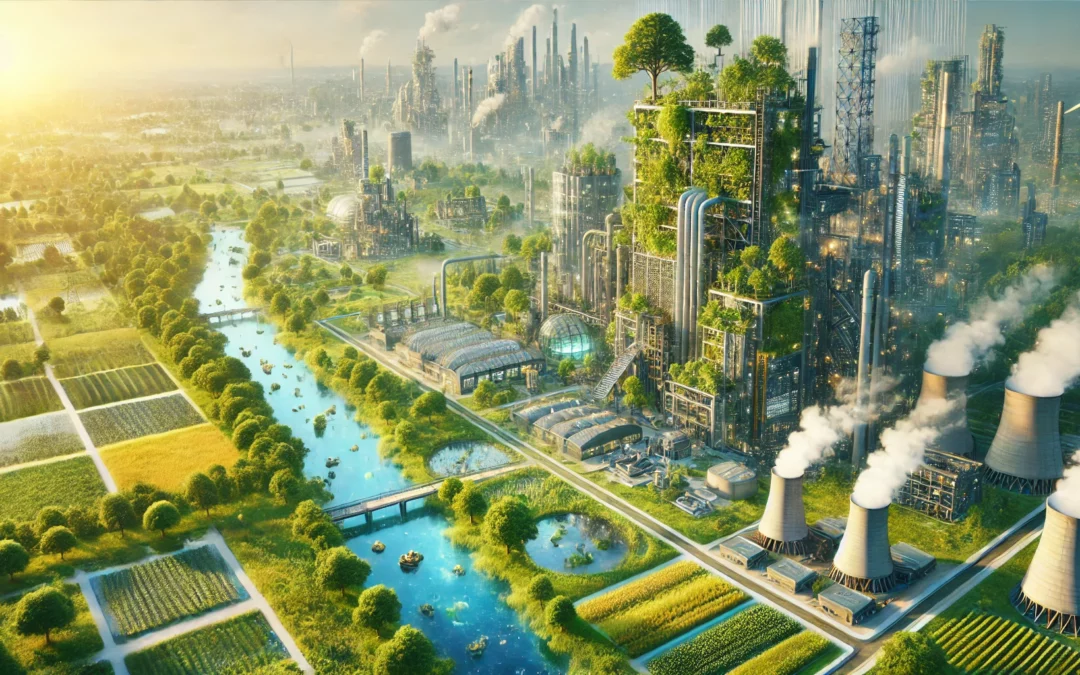 Monde futuriste où des usines sont intégrées dans la nature et participent à la régénération des écosystèmes. Les bâtiments industriels sont recouverts de plantes et de jardins verticaux, entourés d'espaces verts, de rivières et de champs. L'image reflète un équilibre harmonieux entre l'industrie et la nature.