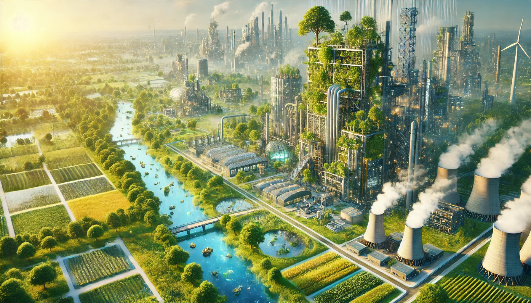 Monde futuriste où des usines sont intégrées dans la nature et participent à la régénération des écosystèmes. Les bâtiments industriels sont recouverts de plantes et de jardins verticaux, entourés d'espaces verts, de rivières et de champs. L'image reflète un équilibre harmonieux entre l'industrie et la nature.