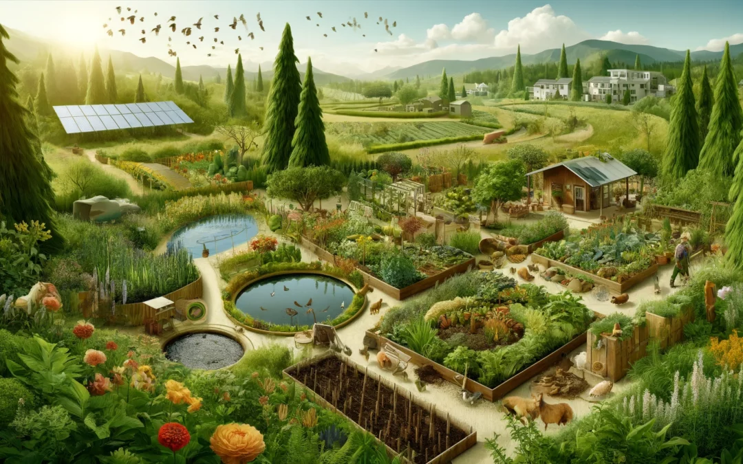 Scène illustrant un paysage de permaculture avec des jardins diversifiés, des plantes, des arbres et des cultures en harmonie. Des animaux tels que des poules et des abeilles font partie de l'écosystème. On voit des bassins, des zones de compostage et des panneaux solaires, créant un écosystème circulaire et durable