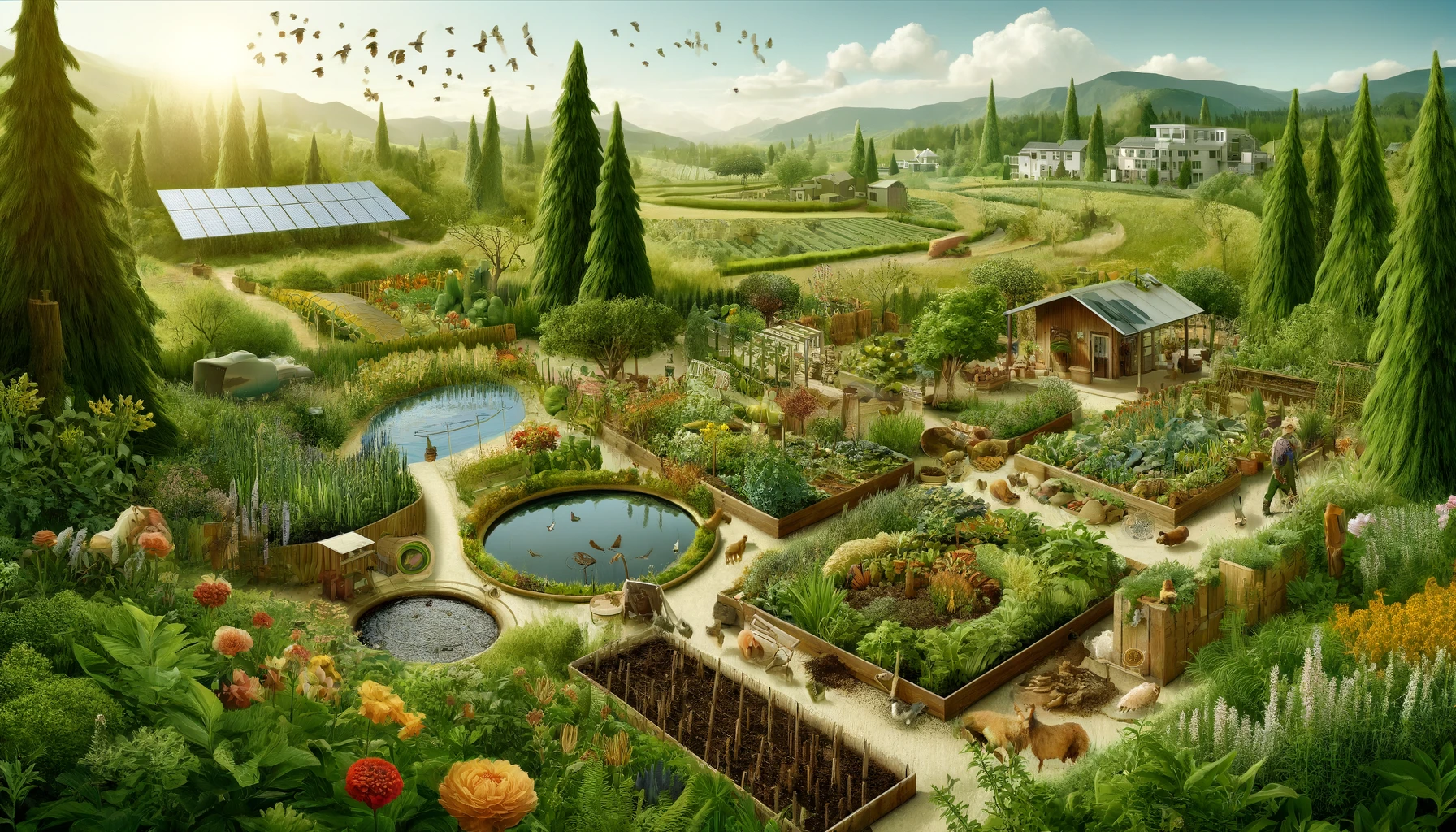 Scène illustrant un paysage de permaculture avec des jardins diversifiés, des plantes, des arbres et des cultures en harmonie. Des animaux tels que des poules et des abeilles font partie de l'écosystème. On voit des bassins, des zones de compostage et des panneaux solaires, créant un écosystème circulaire et durable