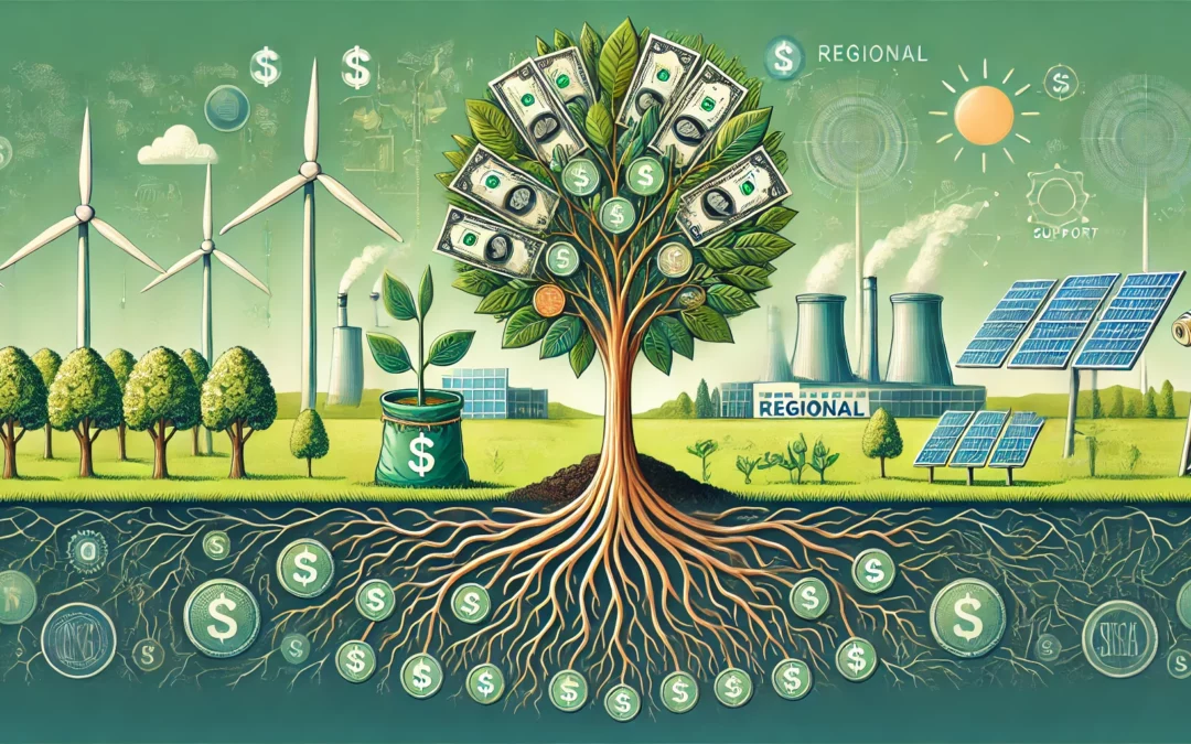 Image symbolisant les financements régionaux pour la transition énergétique, avec une graine plantée qui représente l'investissement. Les racines en forme de billets soutiennent un arbre dont les feuilles prennent la forme d'éoliennes et de panneaux solaires, montrant la croissance des infrastructures énergétiques vertes soutenues par les fonds régionaux.