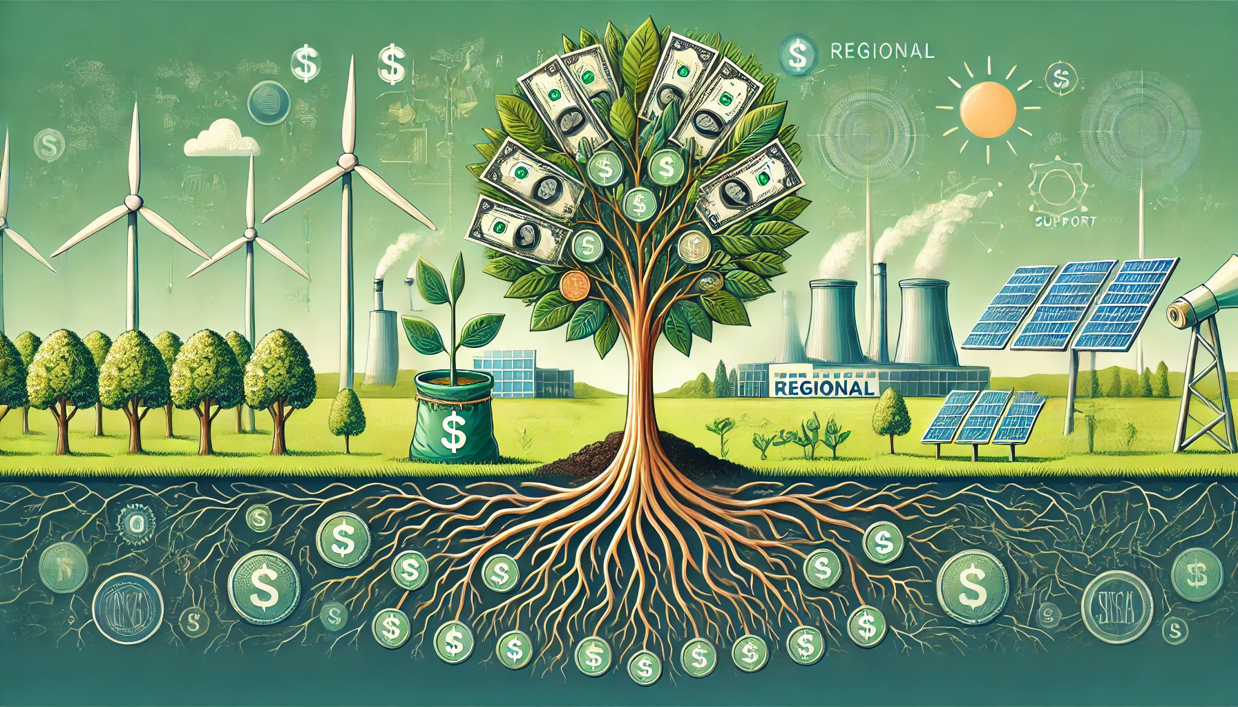 Image symbolisant les financements régionaux pour la transition énergétique, avec une graine plantée qui représente l'investissement. Les racines en forme de billets soutiennent un arbre dont les feuilles prennent la forme d'éoliennes et de panneaux solaires, montrant la croissance des infrastructures énergétiques vertes soutenues par les fonds régionaux.