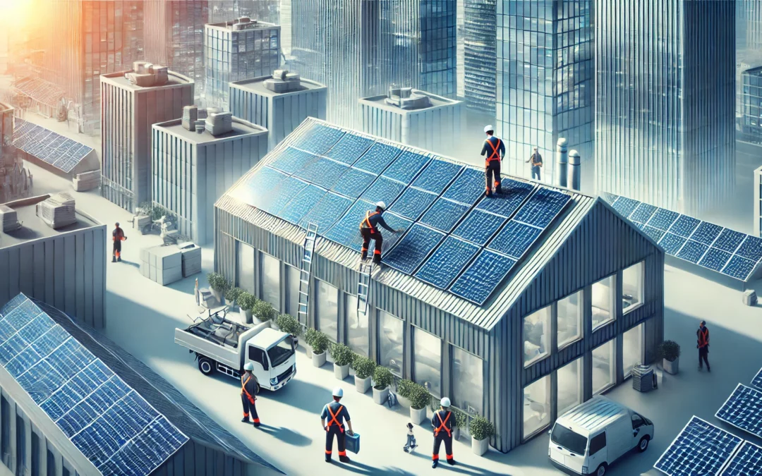 Image montrant une entreprise installant des panneaux solaires sur le toit d'un bâtiment moderne avec l'aide de subventions pour les énergies renouvelables. Les travailleurs installent des panneaux solaires dans un cadre professionnel et moderne, symbolisant la transition énergétique soutenue par les financements régionaux