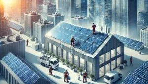 Image montrant une entreprise installant des panneaux solaires sur le toit d'un bâtiment moderne avec l'aide de subventions pour les énergies renouvelables. Les travailleurs installent des panneaux solaires dans un cadre professionnel et moderne, symbolisant la transition énergétique soutenue par les financements régionaux