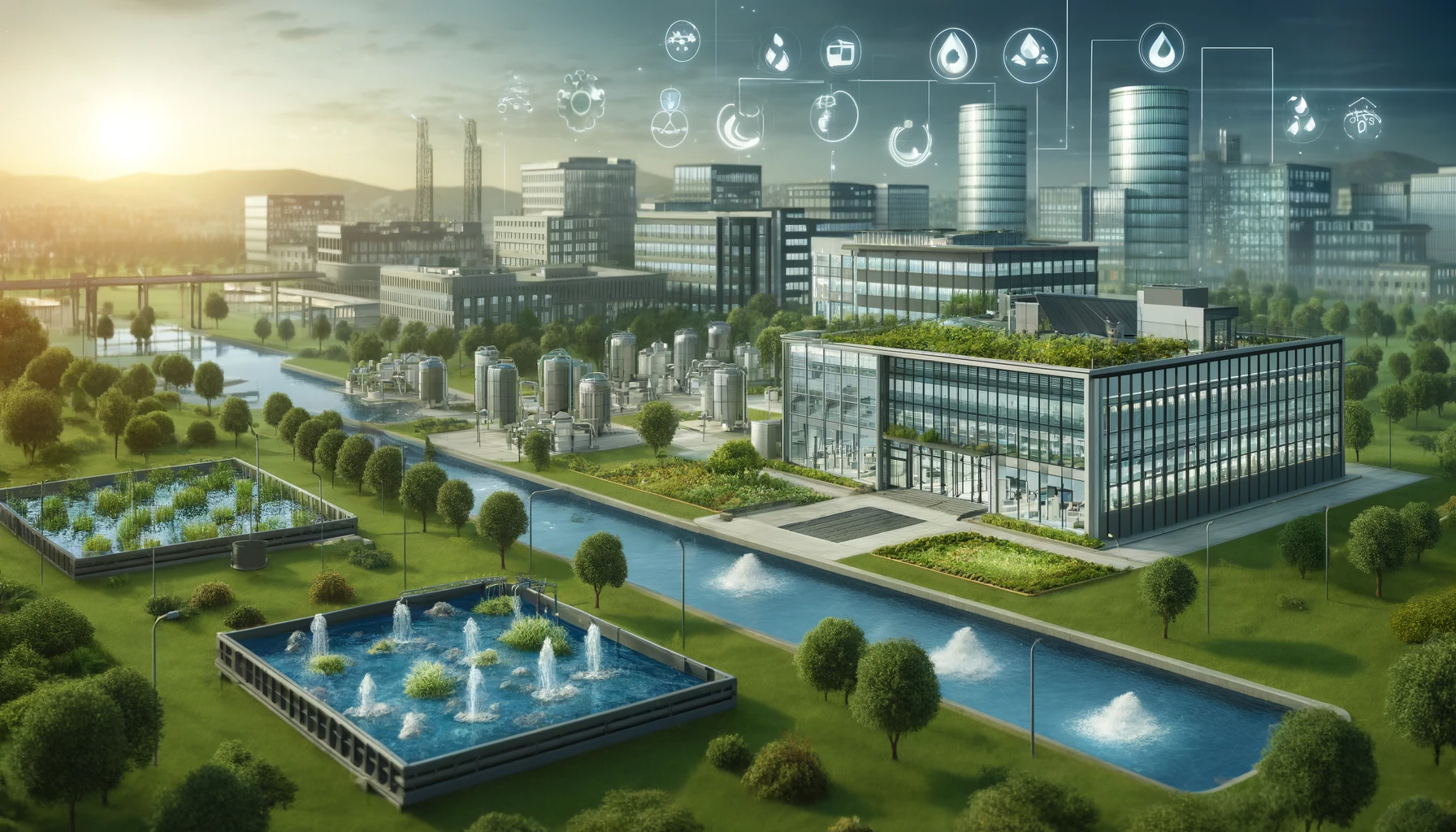 Entreprise moderne avec des systèmes de gestion des ressources en eau optimisés, incluant des toits verts, des systèmes de collecte d'eau de pluie et des technologies de recyclage d'eau, dans un cadre professionnel et durable basée sur les principes du Design Régénératif Circulaire (DRC)