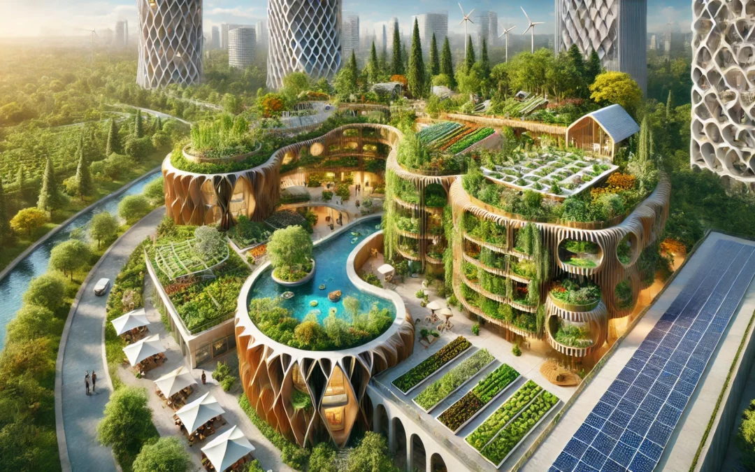 Illustration détaillée d'un projet d'agriculture urbaine intégrant l'architecture régénérative (ARC) et l'habitat régénératif (ARCH). Le design inclut des bâtiments écologiques en bambou et bois recyclé, avec des jardins sur les toits, des systèmes aquaponiques, des panneaux solaires, des éoliennes et une permaculture multi-étagée pour renforcer la biodiversité urbaine