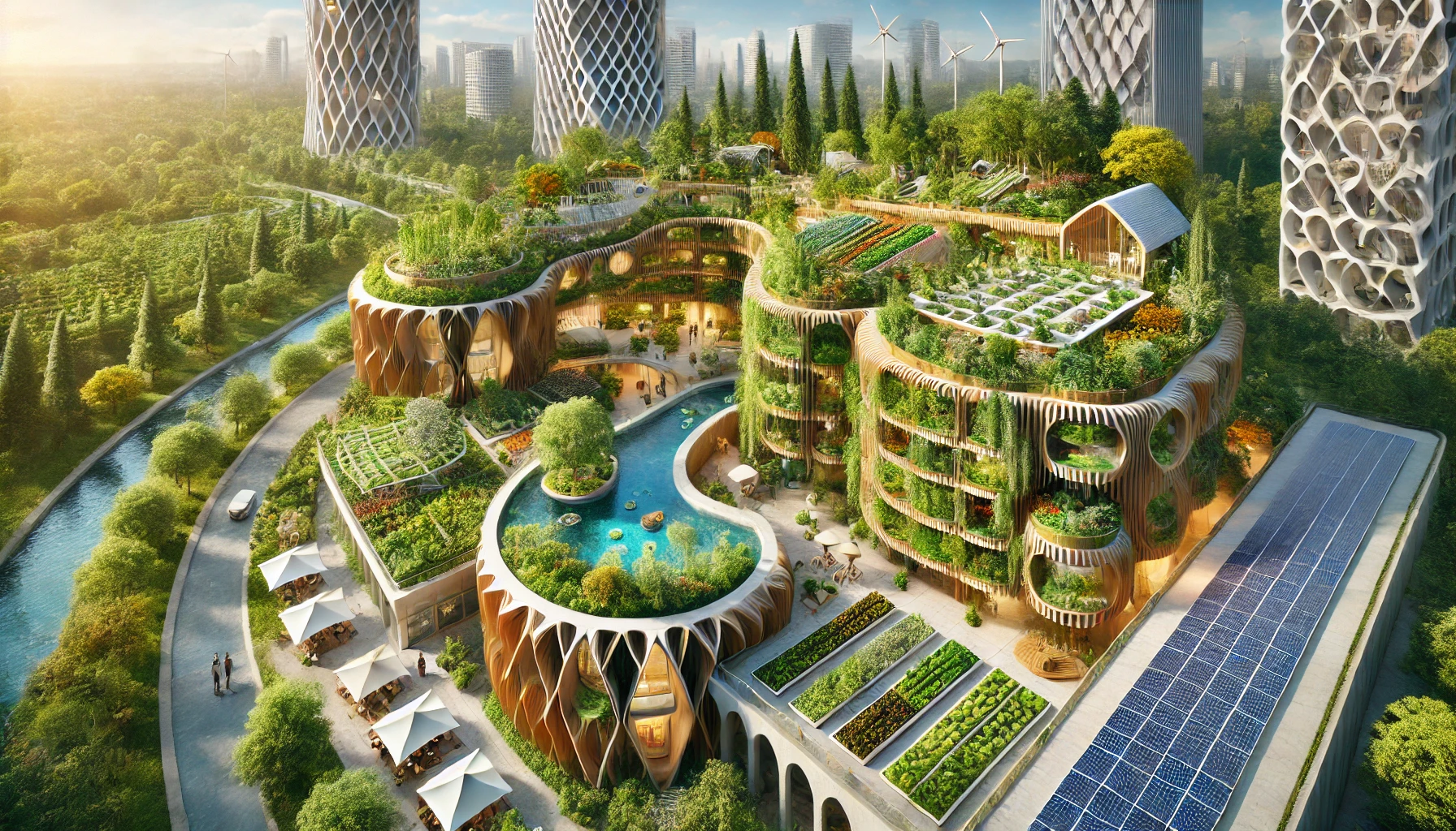 Illustration détaillée d'un projet d'agriculture urbaine intégrant l'architecture régénérative (ARC) et l'habitat régénératif (ARCH). Le design inclut des bâtiments écologiques en bambou et bois recyclé, avec des jardins sur les toits, des systèmes aquaponiques, des panneaux solaires, des éoliennes et une permaculture multi-étagée pour renforcer la biodiversité urbaine