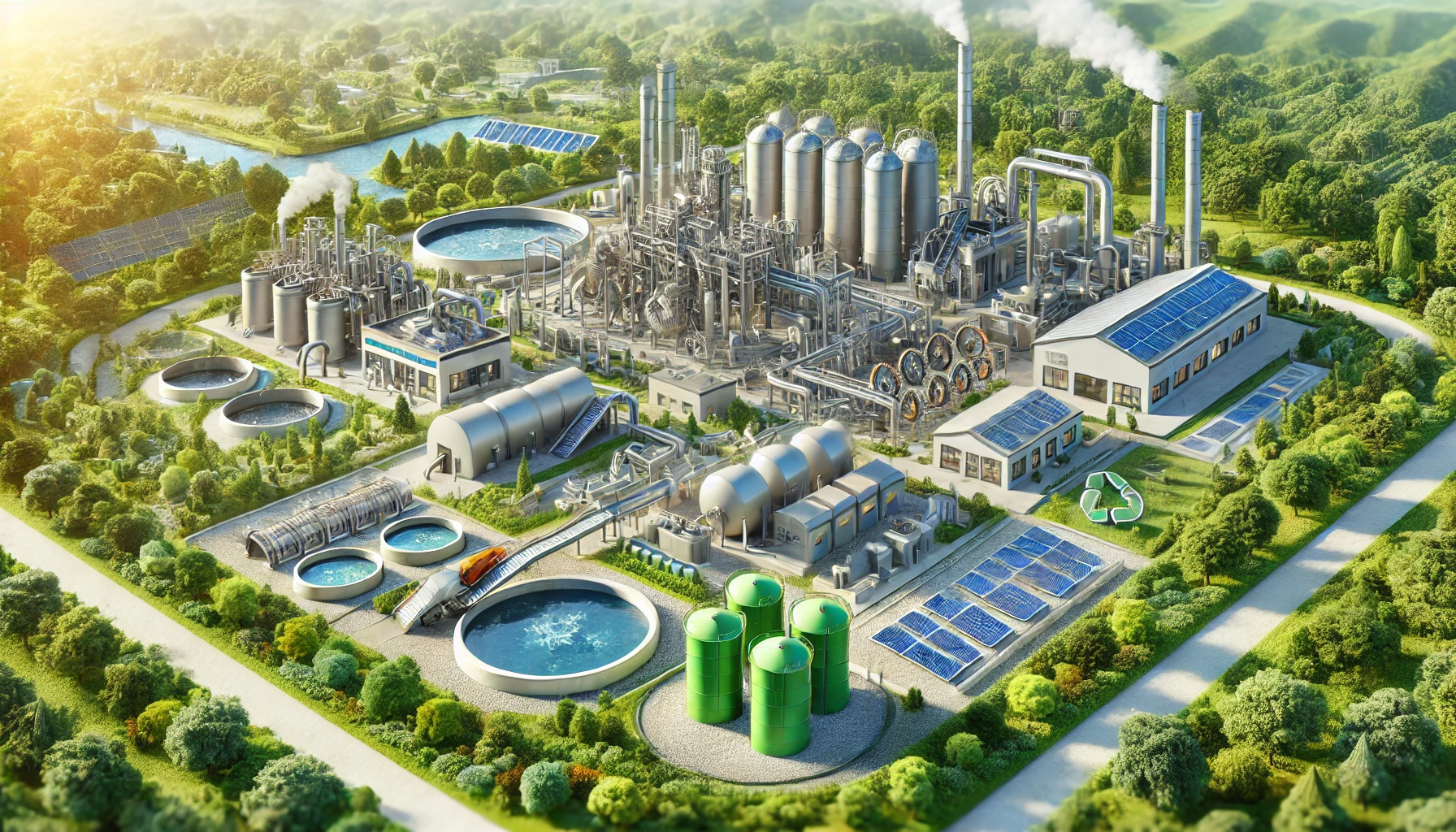 Système moderne de valorisation des déchets industriels avec tri, recyclage, récupération d'énergie, panneaux solaires et unités de traitement des eaux, intégré dans un environnement naturel avec des espaces verts