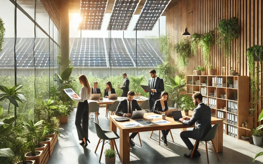 Dispositifs fiscaux pour l'innovation écologique en entreprise Allégements et crédits d'impôt 2024 - Image de Représentants d'entreprise travaillant dans un bureau écologique avec de grandes fenêtres, des meubles en bois durable, des plantes et des panneaux solaires visibles à l'extérieur, calculant des stratégies fiscales sur des ordinateurs portables