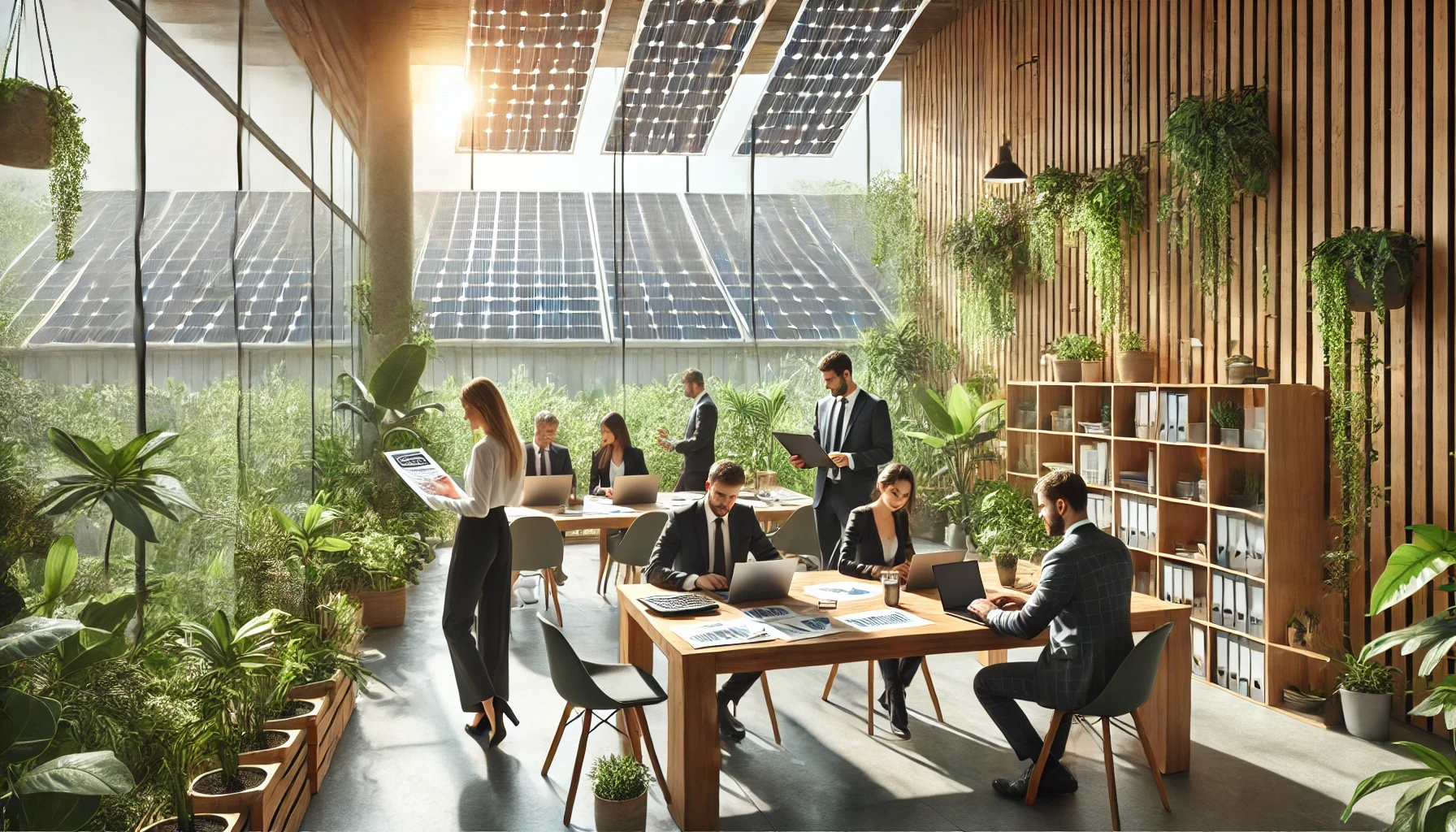 Dispositifs fiscaux pour l'innovation écologique en entreprise Allégements et crédits d'impôt 2024 - Image de Représentants d'entreprise travaillant dans un bureau écologique avec de grandes fenêtres, des meubles en bois durable, des plantes et des panneaux solaires visibles à l'extérieur, calculant des stratégies fiscales sur des ordinateurs portables