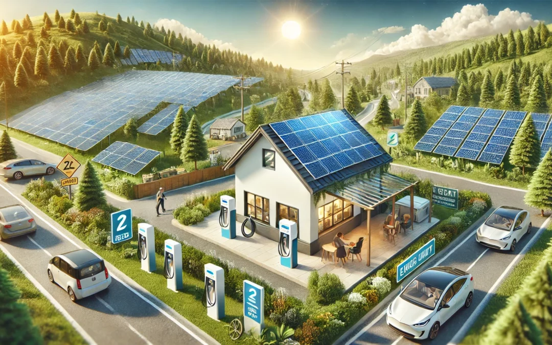 La transition énergétique des petites entreprises PME Optimiser l'énergie solaire-transition_energetique - Image d'une Petite entreprise en transition vers l'énergie solaire, avec panneaux solaires, stations de recharge et technologies durables, dans un environnement naturel.