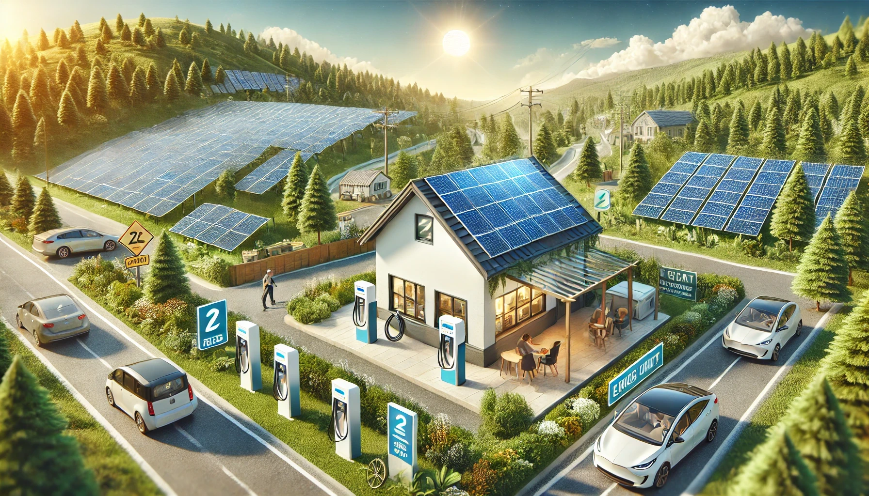 La transition énergétique des petites entreprises PME Optimiser l'énergie solaire-transition_energetique - Image d'une Petite entreprise en transition vers l'énergie solaire, avec panneaux solaires, stations de recharge et technologies durables, dans un environnement naturel.