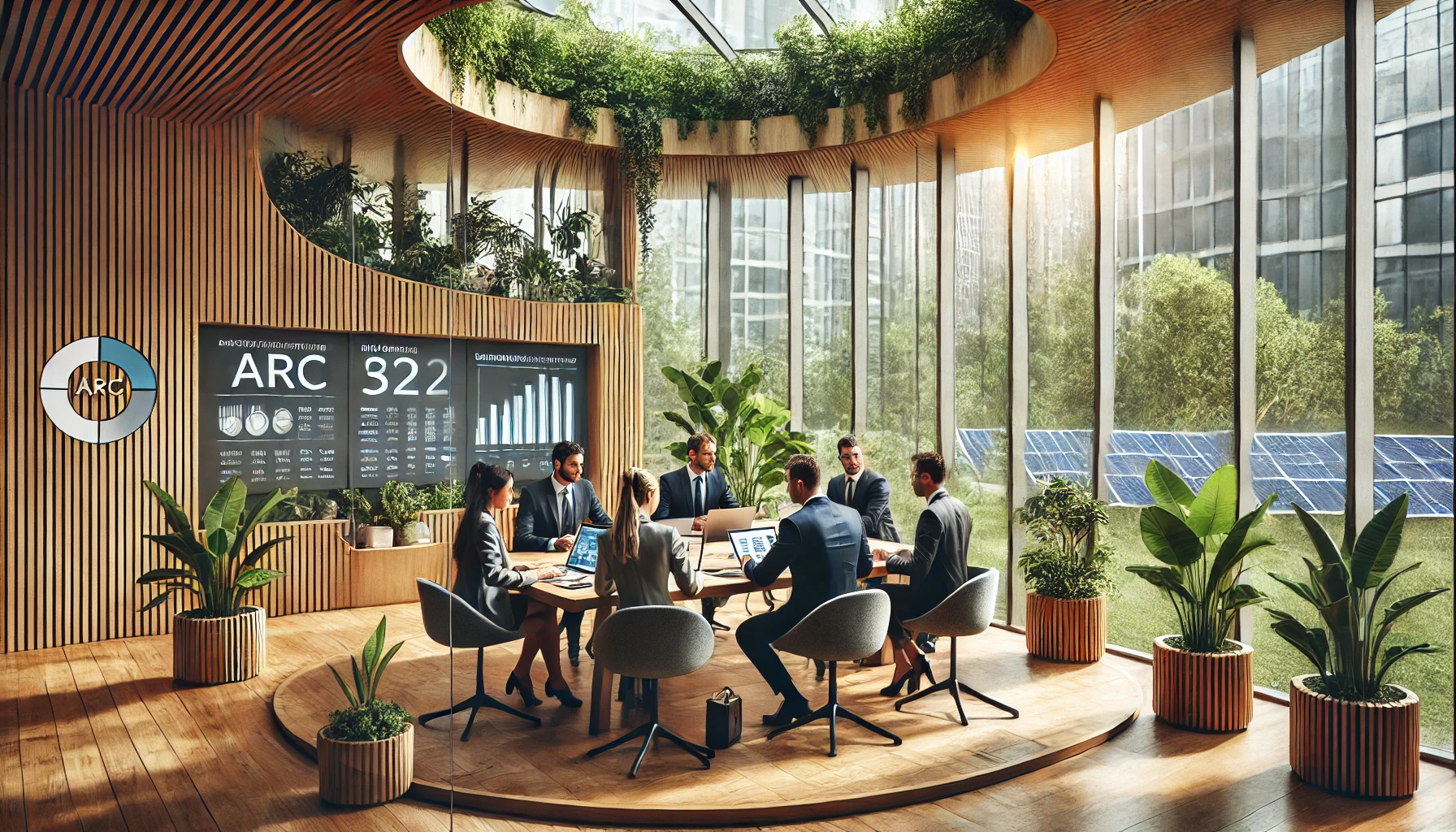 Les aides publiques pour soutenir l'autonomie énergétique des PME - Image de Représentants d'entreprise en réunion dans un bureau circulaire écologique, conçu selon les principes de l'Architecture Régénérative Circulaire (ARC), entourés de meubles en bois durable, avec de grandes fenêtres, des plantes et des panneaux solaires visibles à l'extérieur.
