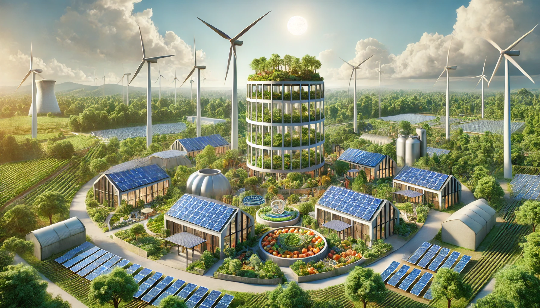 Comment les TPE/PME peuvent réduire leur dépendance énergétique avec les énergies renouvelables - Scène réaliste en 3D d'entreprises ARC réduisant leur dépendance énergétique avec des panneaux solaires, éoliennes verticales et unités de biogaz, dans un paysage durable avec une forêt nourricière et des bâtiments réalistes