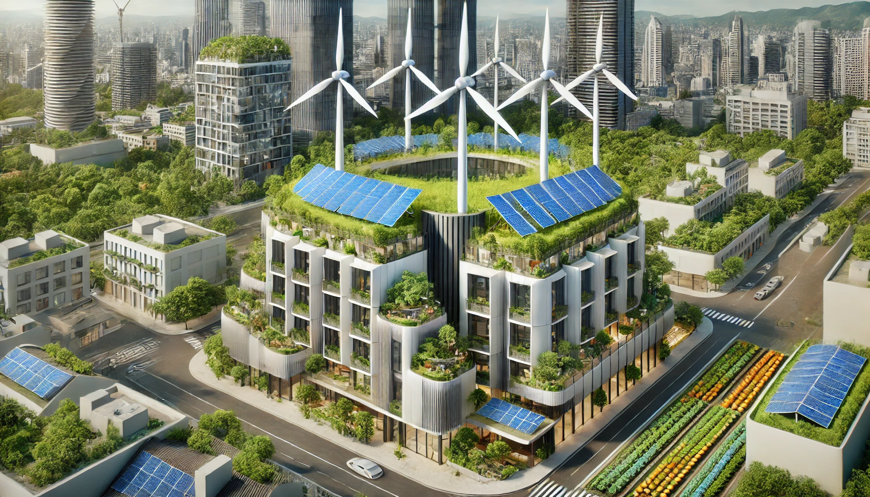 Systèmes hybrides : Combiner solaire et éolien pour maximiser l’autonomie des PME - Scène réaliste en 3D montrant un système hybride avec des panneaux solaires et des éoliennes verticales comme Quietrevolution QR5 et Aerotecture Hybrid, entouré d'une forêt nourricière et d'espaces verts urbains, pour maximiser l'autonomie énergétique des entreprises dans un cadre durable.