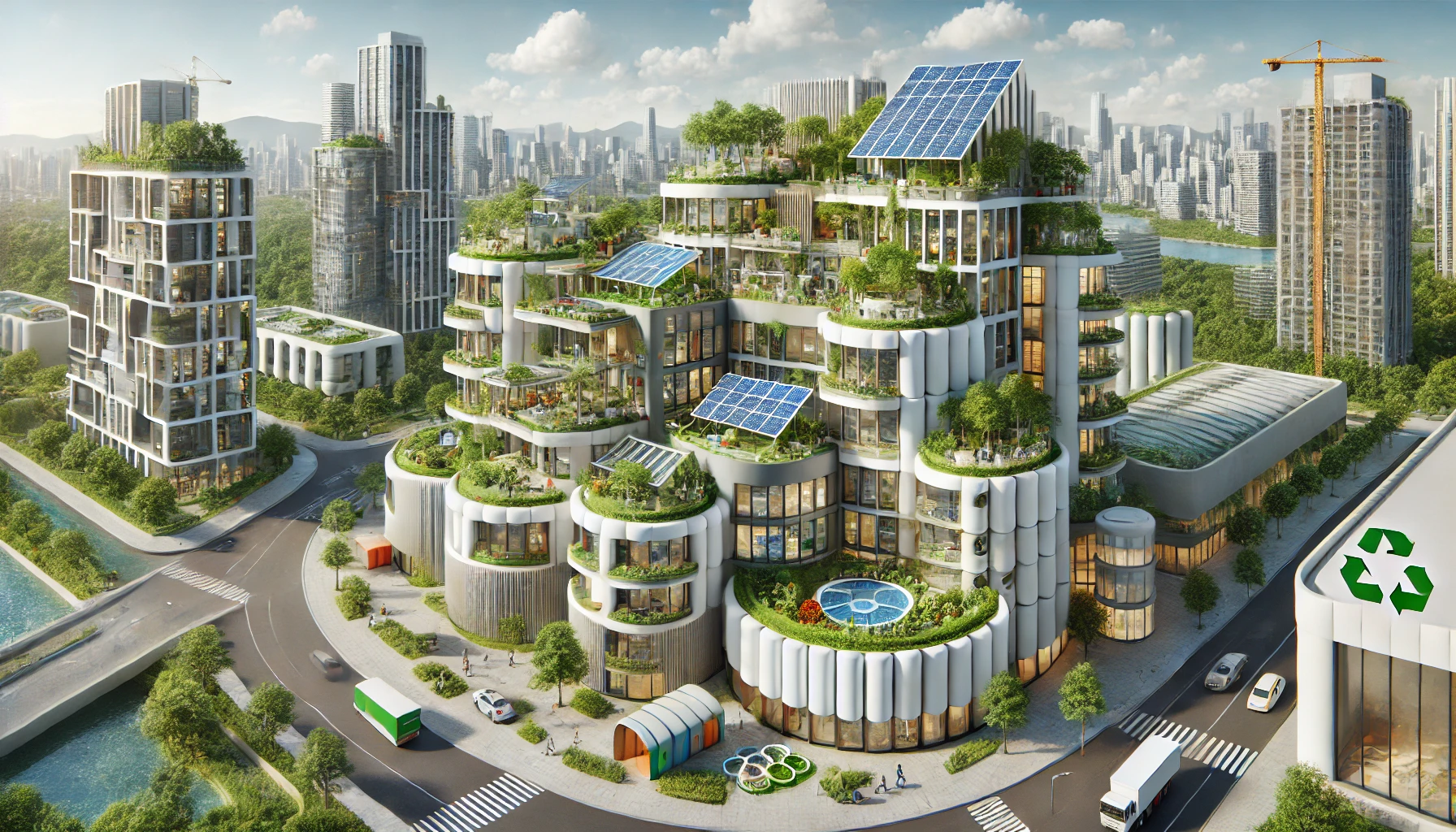 Des bâtiments réduisant les déchets et augmentant leur efficacité énergétique grâce à l'Architecture Régénératrice Circulaire. - Scène réaliste en 3D montrant des bâtiments utilisant l'Architecture Régénératrice Circulaire pour réduire les déchets et améliorer l'efficacité énergétique avec des toits végétalisés, panneaux solaires, et systèmes de gestion des eaux de pluie.