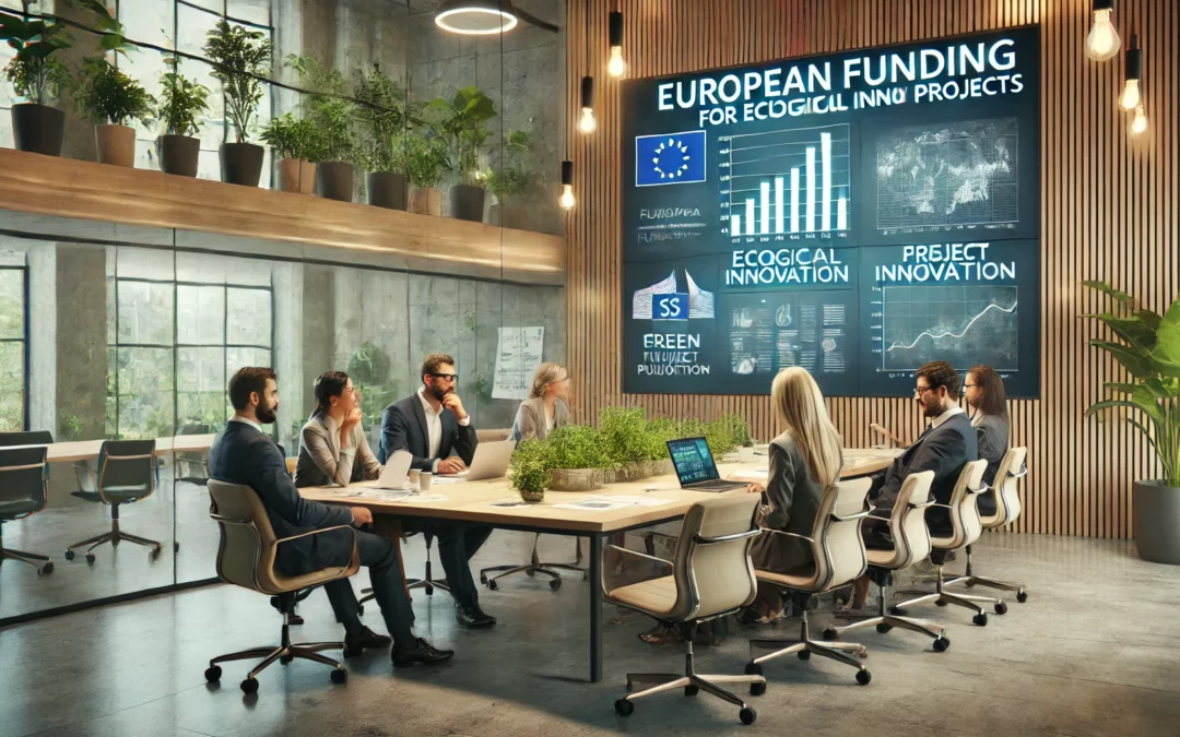 Fonds européens pour l'innovation écologique : Accélérer vos projets durables - Scène réaliste en 3D montrant des entrepreneurs collaborant dans un bureau moderne pour obtenir des fonds européens pour l'innovation écologique, entourés de documents financiers, ordinateurs portables, et un environnement durable.