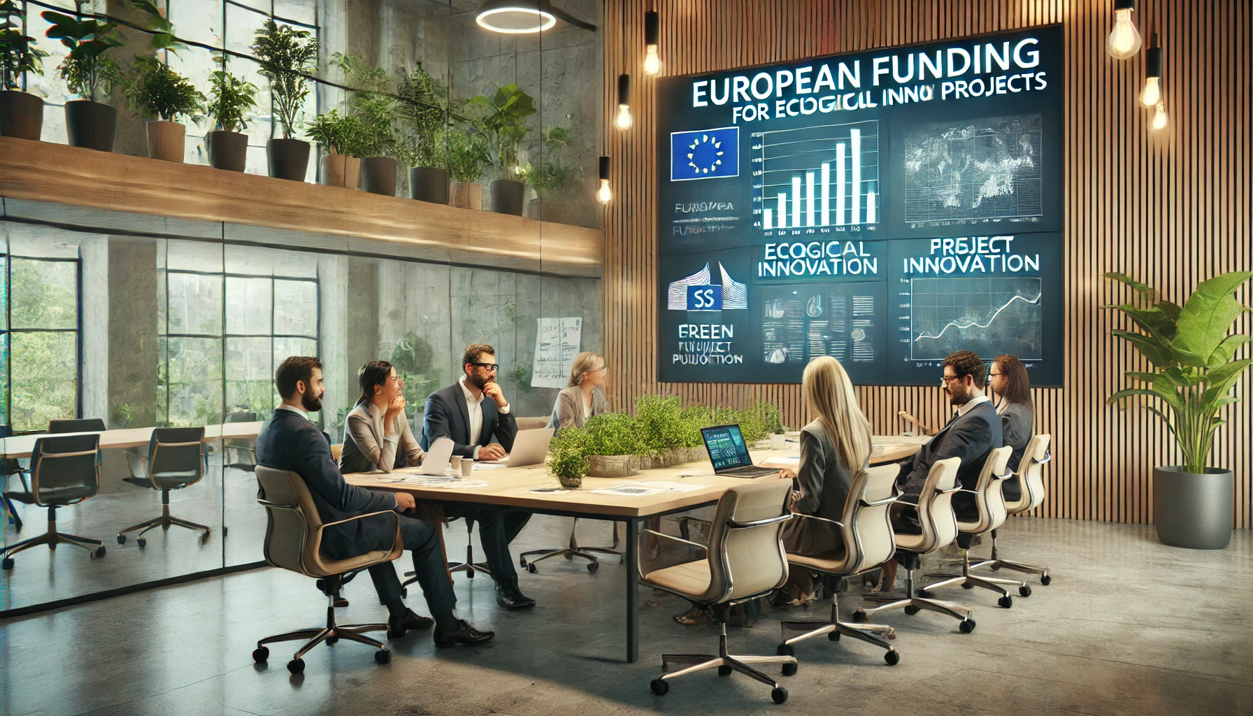 Fonds européens pour l'innovation écologique : Accélérer vos projets durables - Scène réaliste en 3D montrant des entrepreneurs collaborant dans un bureau moderne pour obtenir des fonds européens pour l'innovation écologique, entourés de documents financiers, ordinateurs portables, et un environnement durable.