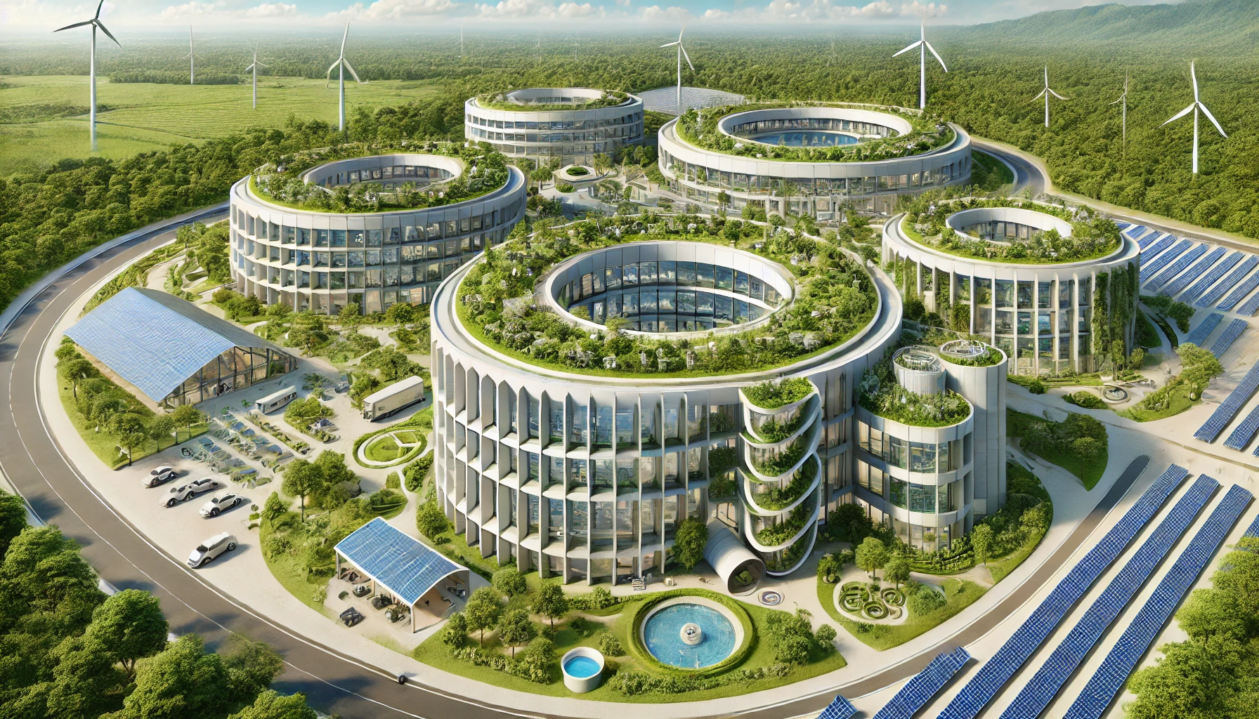 Les mécanismes de co-financement public-privé pour les entreprises écoresponsables - Représentation 3D d'une entreprise moderne basée sur l'Architecture Régénérative Circulaire avec des bâtiments circulaires, des toits végétalisés, des panneaux solaires, éoliennes et jardins verticaux, illustrant la durabilité et l'efficacité énergétique
