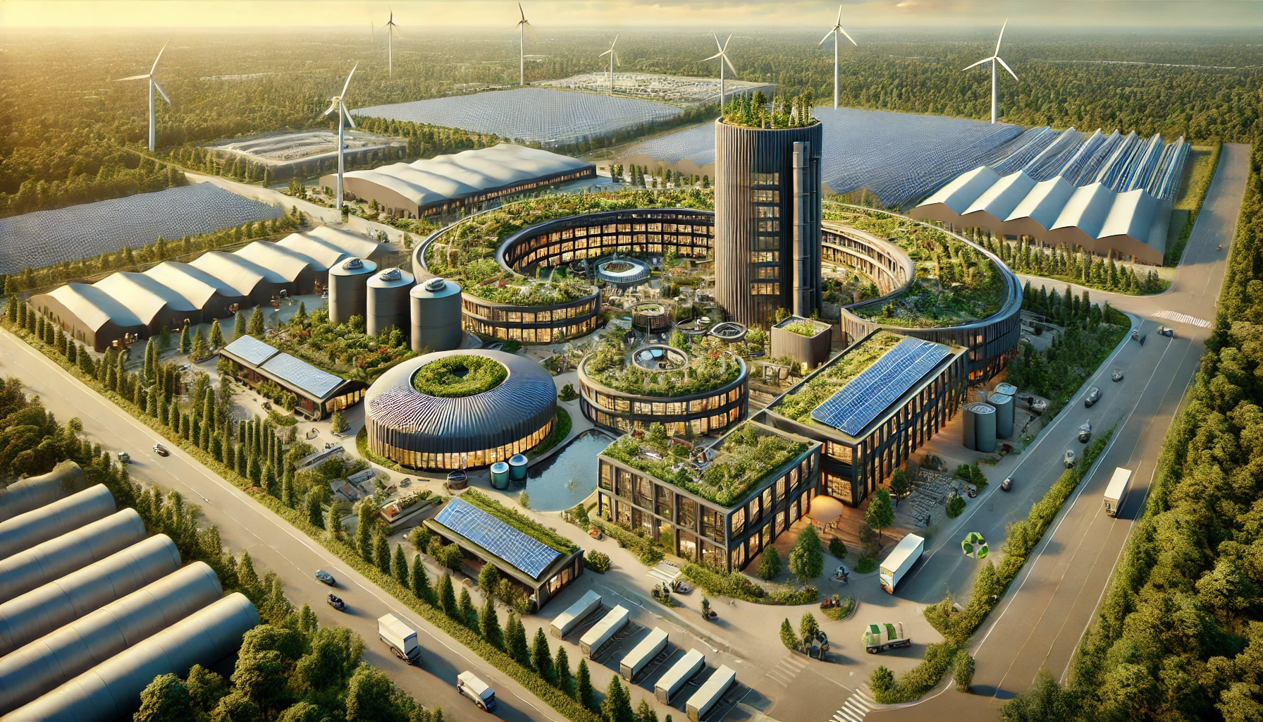 Les solutions de chauffage renouvelable pour PME : Un atout pour la réduction des coûts - Campus industriel durable en 3D, conçu avec des bâtiments circulaires, toits solaires, jardins verticaux, turbines éoliennes, et zones de gestion des déchets, intégrant des espaces verts pour une autonomie énergétique et une gestion circulaire des ressources. Architecture-Regeneratrice-Circulaire