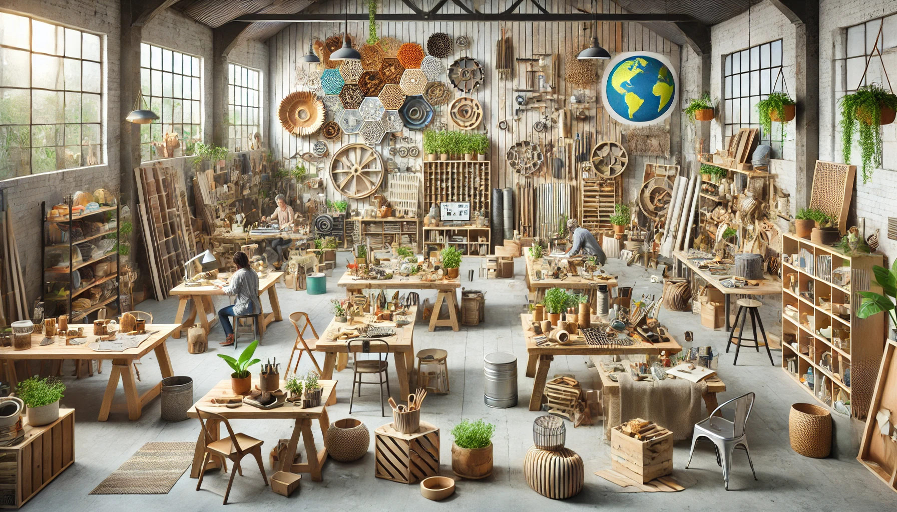 Comment le Design Régénératif Circulaire (DRC) réinvente les matériaux à travers l'upcycling - Atelier créatif illustrant l'upcycling et le Design Régénératif Circulaire (DRC), avec des artisans travaillant sur des matériaux réinventés comme le bois et le métal, dans un environnement durable