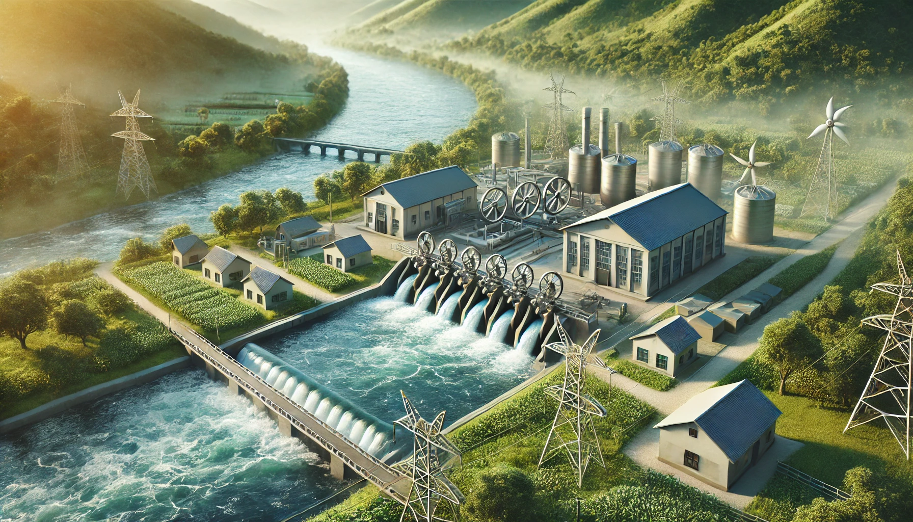 avantages_hydroelectricite_entreprises_zones_rurales - Scène 3D réaliste montrant une petite centrale hydroélectrique en zone rurale, fournissant de l'énergie renouvelable à des entreprises, soulignant l'indépendance énergétique, la réduction des coûts et les bénéfices environnementaux.