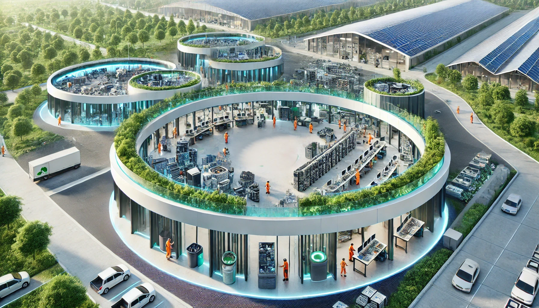Améliorer la gestion des déchets électroniques entreprises centre de gestion déchets électroniques ARC (Architecture Régénérative Circulaire) - Centre futuriste de gestion des déchets électroniques suivant les principes de l'Architecture Régénérative Circulaire, avec des bâtiments circulaires et des zones de recyclage et d'upcycling, entouré de verdure et sans icônes de recyclage.